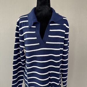 Saodimallsu Womens Striped Maxi Sweater Dress V Neck Collared Navy Blue & White